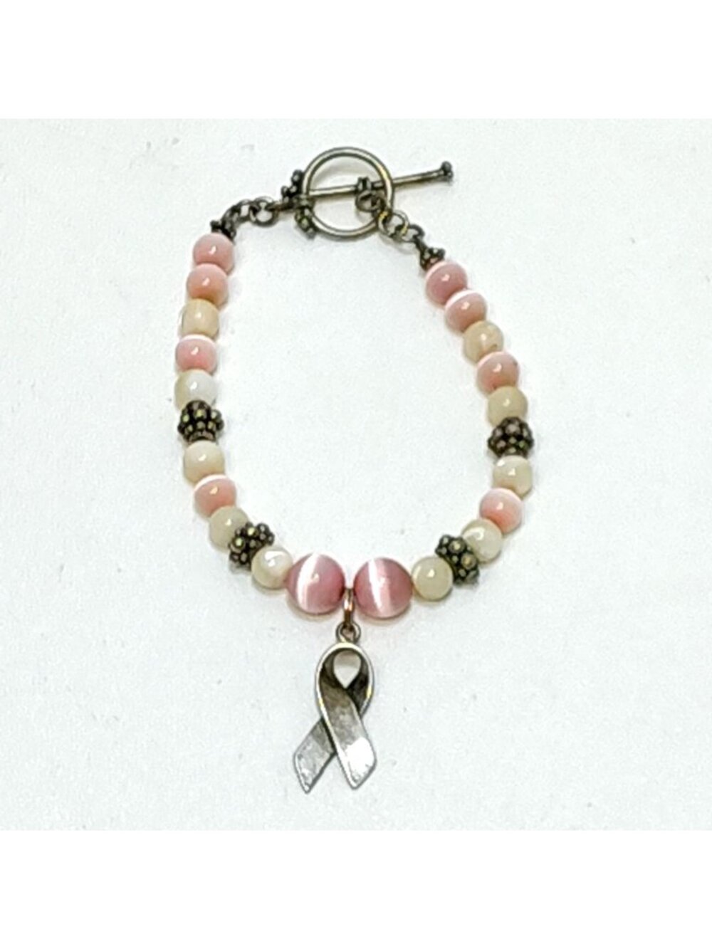 Pandora Cancer Awareness Beaded Bracelet Sterling Silver Ribbon Charm Toggle VTG